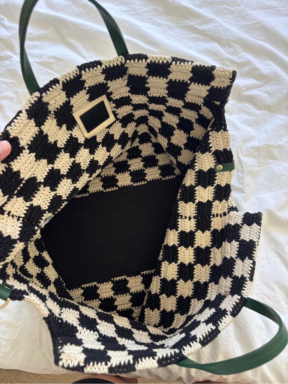 Clare V. Summer Simple Tote Black & Cream Checkered Crochet Large - Picture 3 of 4